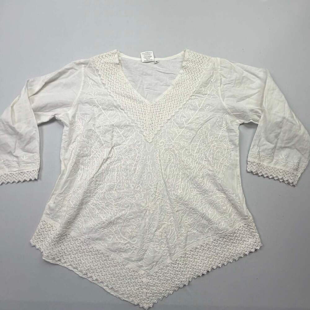 Shubham White Cotton Embroidered V-Neck Boho Tunic Top